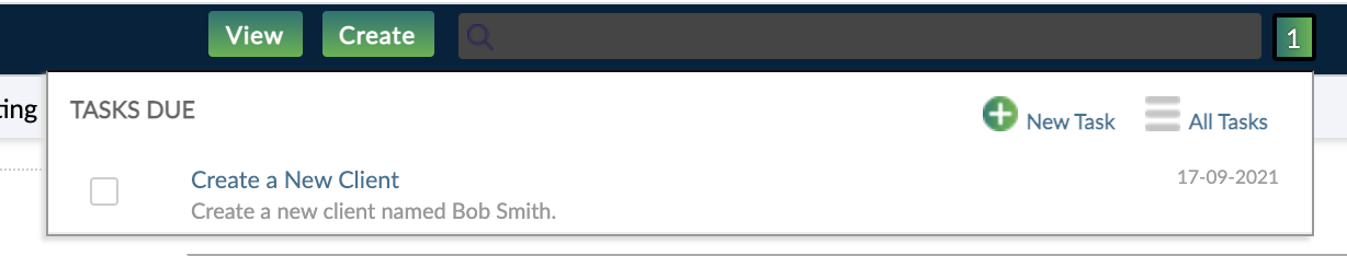 Task area, where the tasks of the user that is logged in can be found